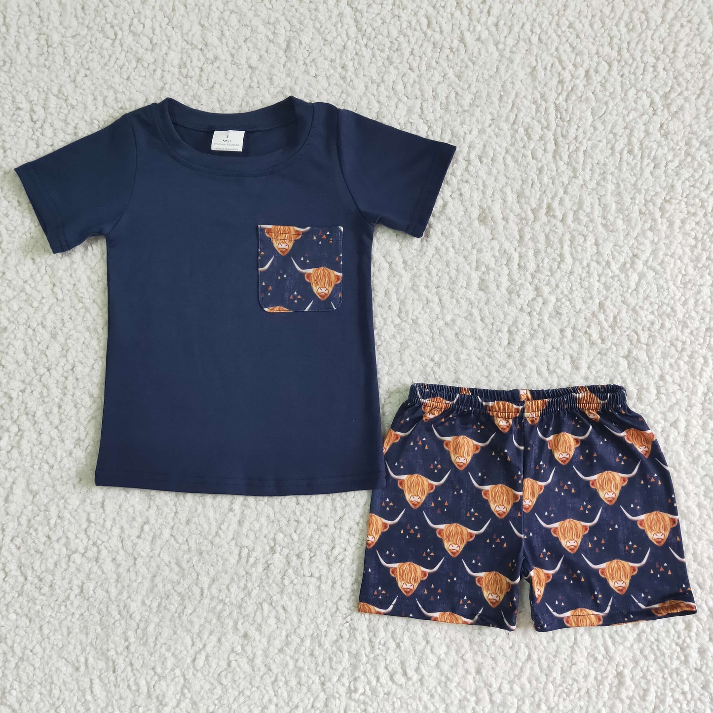 BSSO0035 Blue Highland Cows Pocket Boys Short Sleeve Shorts Outfits