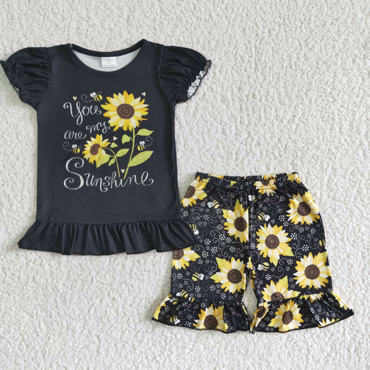 C10-4 Sunflower Black Girls Short Sleeve Shorts Outfits