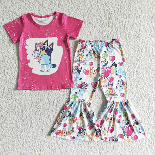 GSPO0066 Pink Blue Dog Cartoon Love Heart Girls Short Sleeve Bell Bottom Pants Outfits