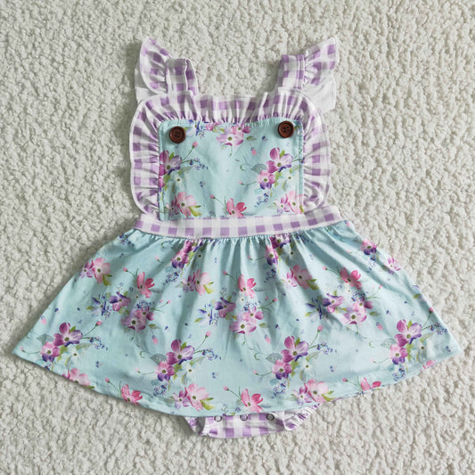 SR0027 Purple Blue Floral Plaid Girls Flutter Sleeve Romper