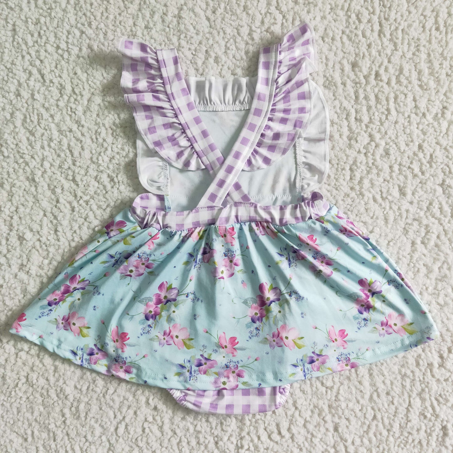 SR0027 Purple Blue Floral Plaid Girls Flutter Sleeve Romper