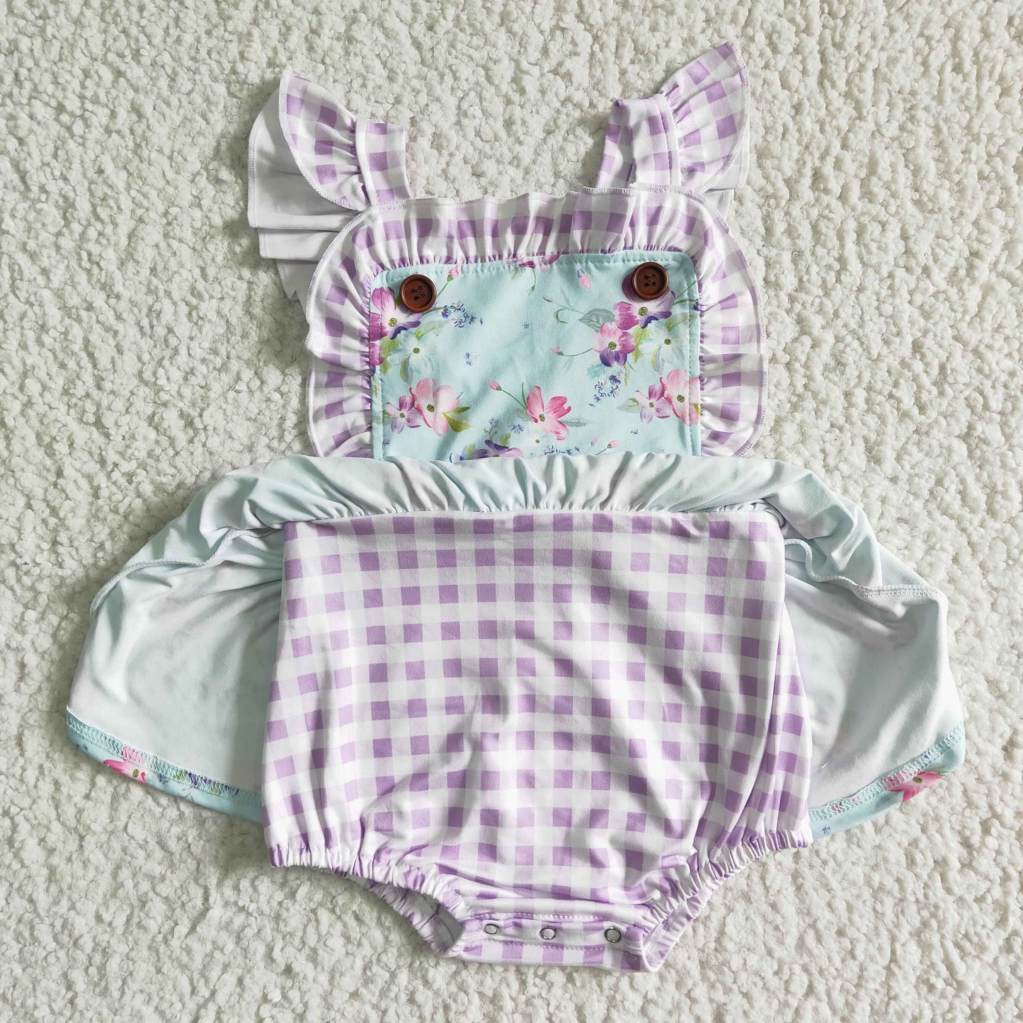 SR0027 Purple Blue Floral Plaid Girls Flutter Sleeve Romper