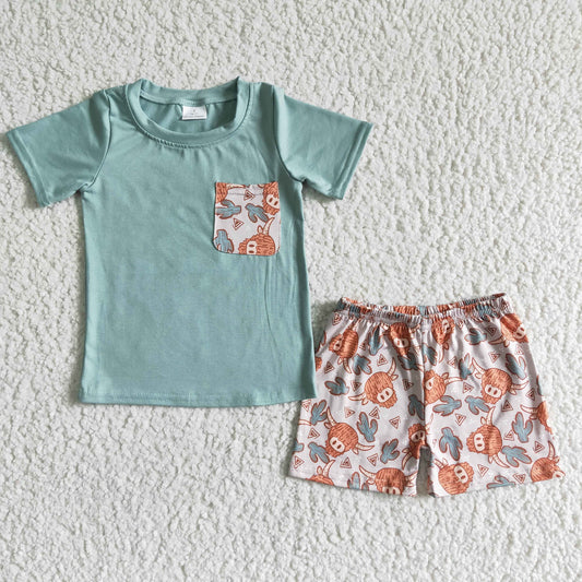 BSSO0043 Green Red Highland Cows Cartoon Pocket Boys Short Sleeve Shorts Outfits