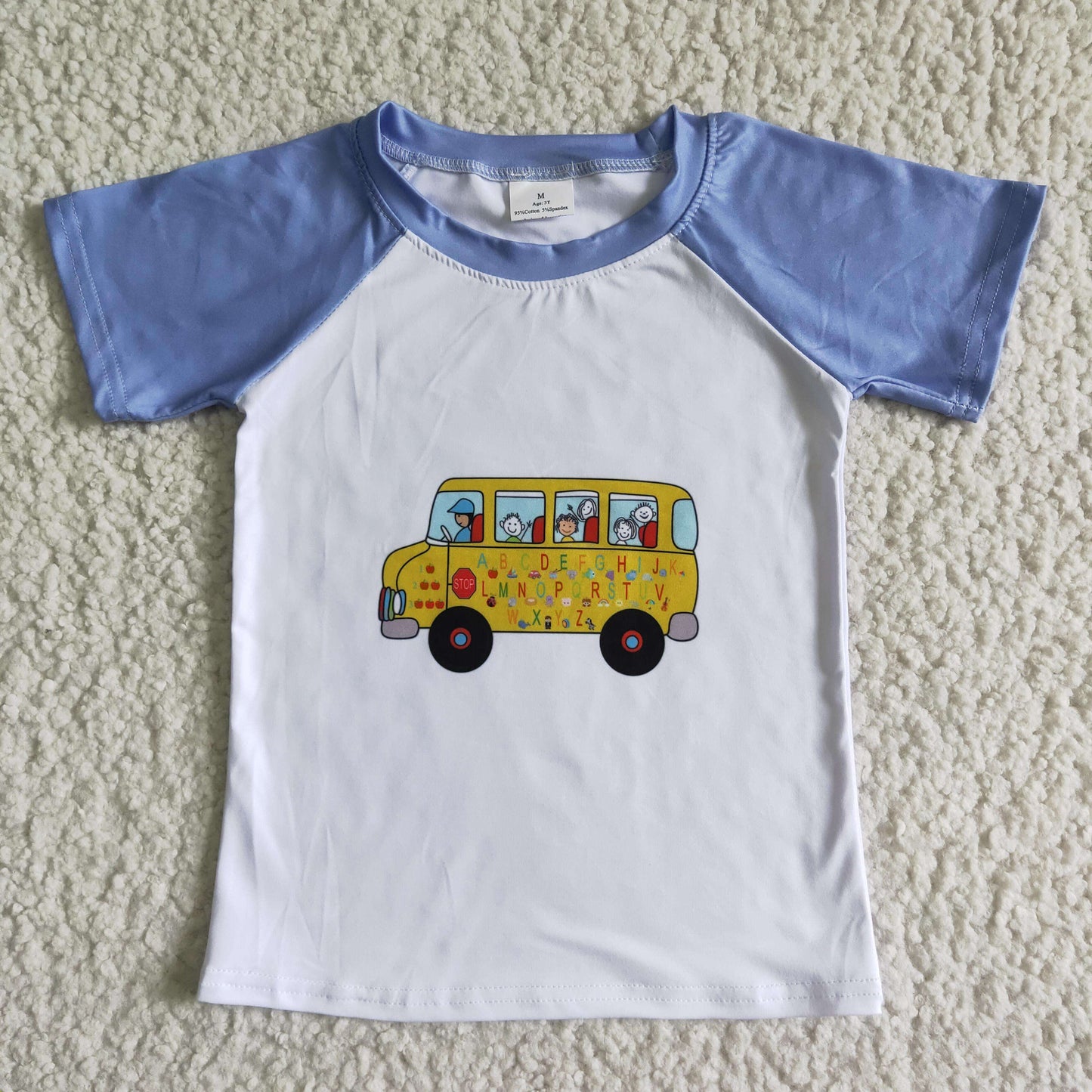 A11-9-2 Back To School Bus Blue Raglan Short Sleeve Top Boys T-shirts