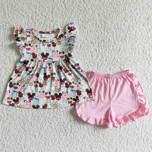 C8-12 Pink M Cartoon Girls Flutter Sleeve Shorts Outfits