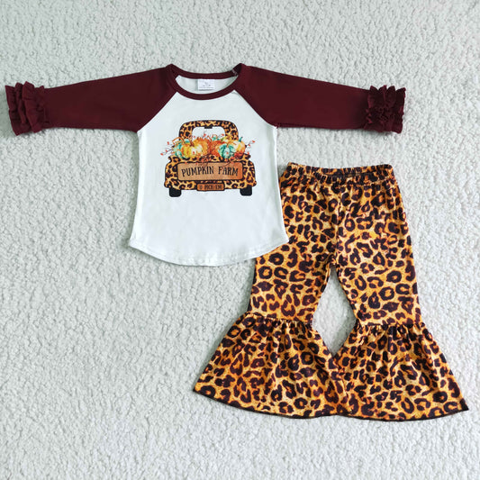 Clearance 6 C8-37 Halloween Pumpkin Farm Truck Leopard Girls Long Sleeve Bell Bottom Pants Outfits