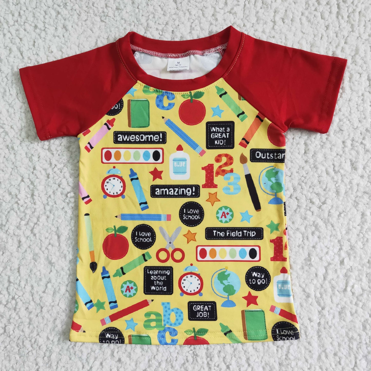 A12-17-1 Back To School Pen Print Red Raglan Short Sleeve Top Boys T-shirts