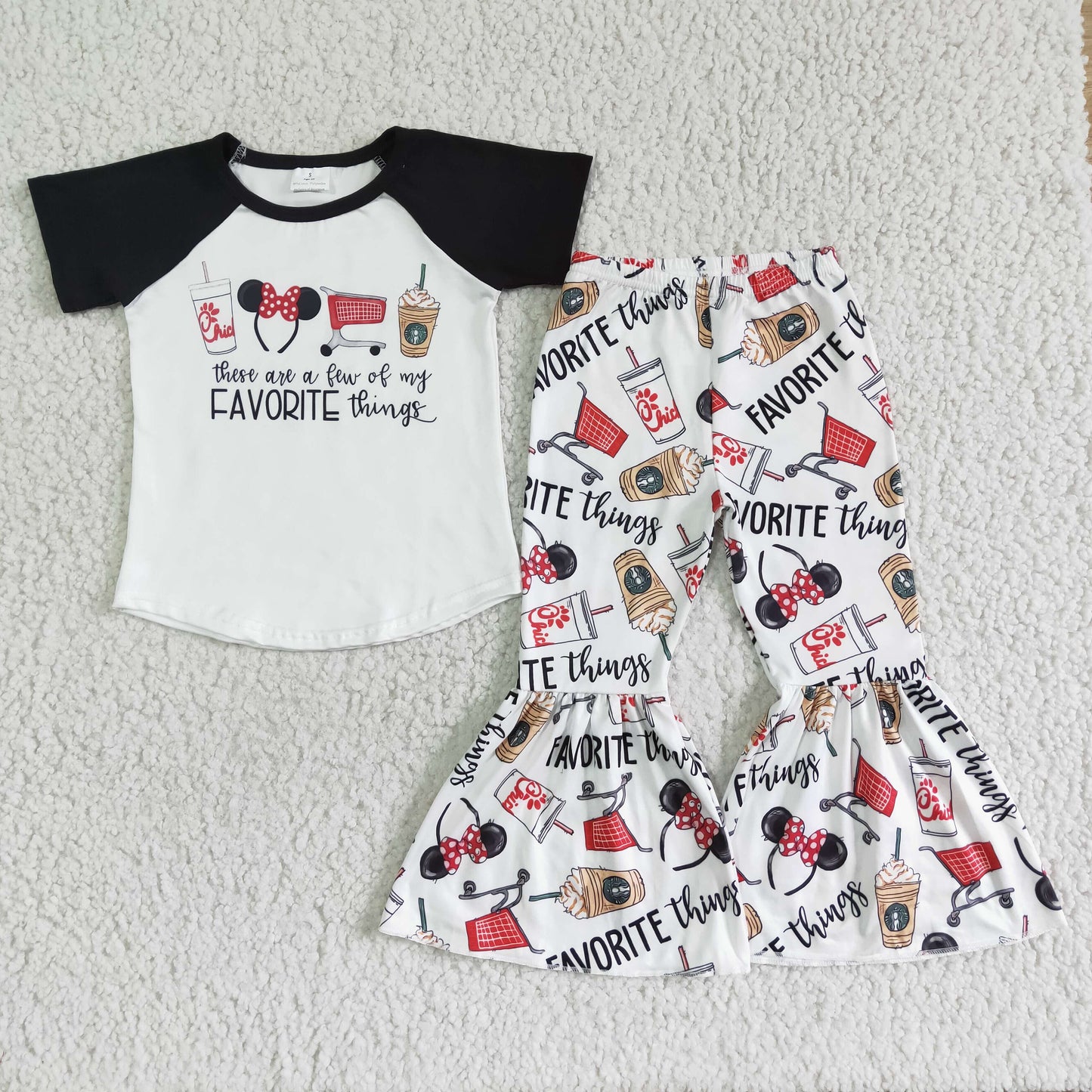 E9-5 Favorite Thing Coffee Cartoon Girls Short Sleeve Bell Bottom Pants Outfits