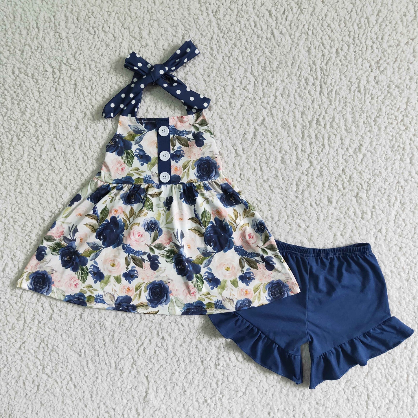 D7-19 Blue Navy Floral Girls Sleeveless Shorts Outfits