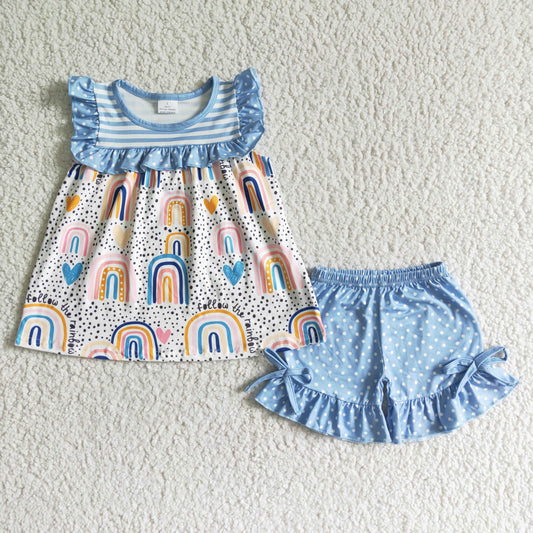 GSSO0028 Blue Stripes Rainbow Love Heart Girls Flutter Sleeve Shorts Outfits