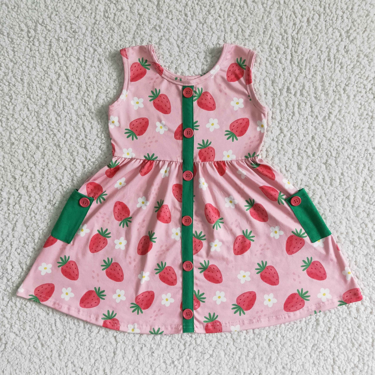 GSD0037 Pink Strawberry Green Pockets Girls Sleeveless Dresses