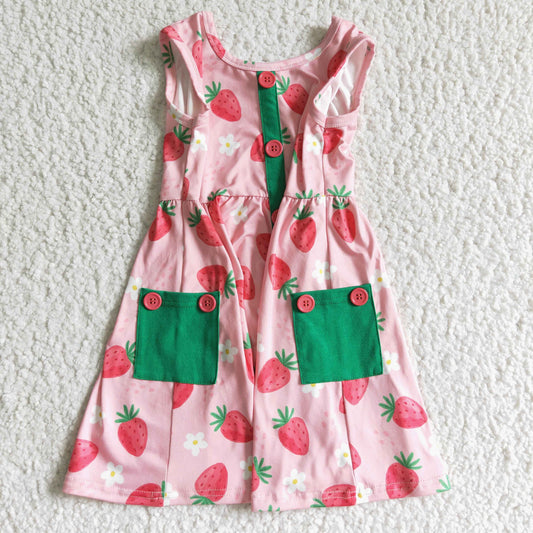 GSD0037 Pink Strawberry Green Pockets Girls Sleeveless Dresses