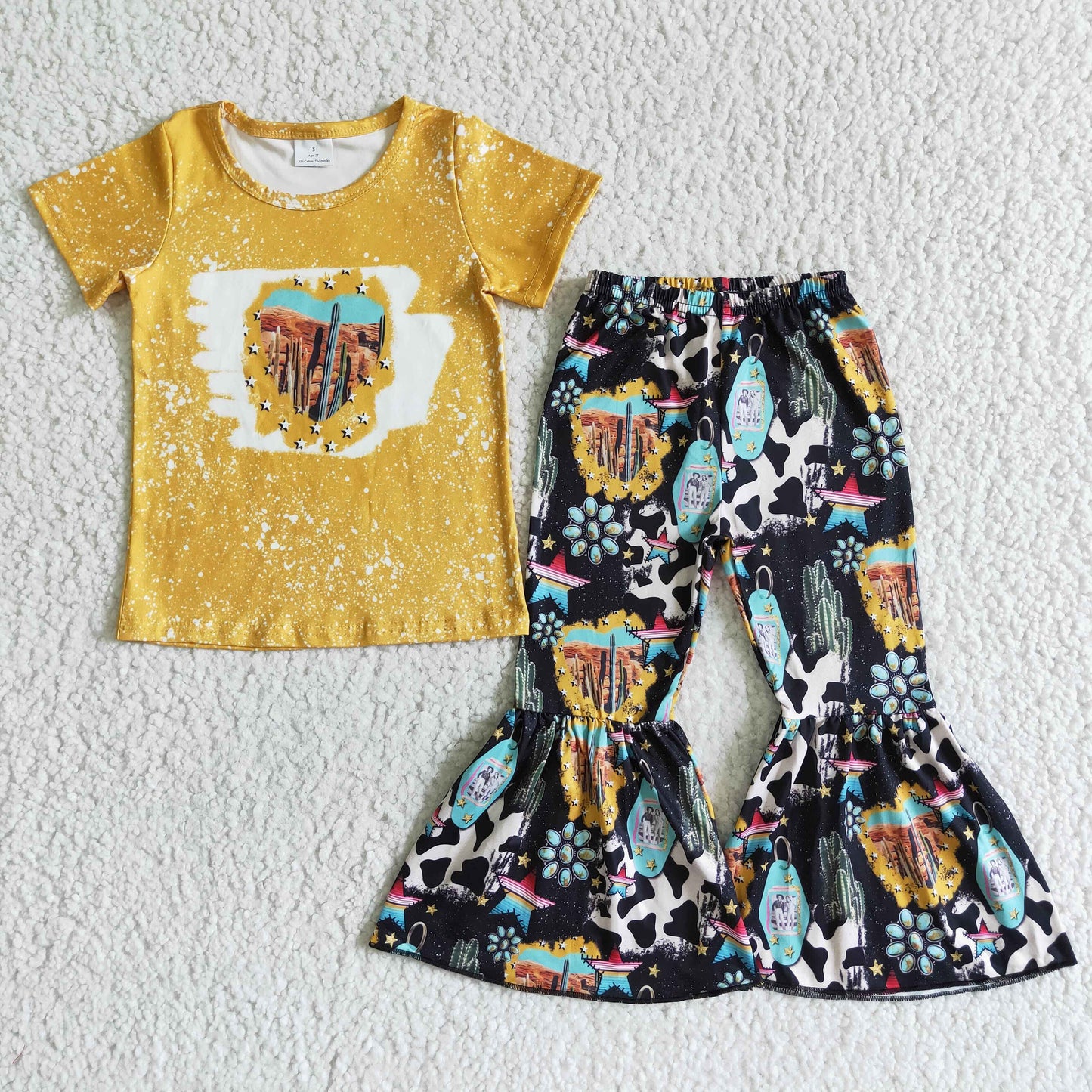 GSPO0025 Yellow Cowboy Cactus Western Girls Short Sleeve Pants Outfits