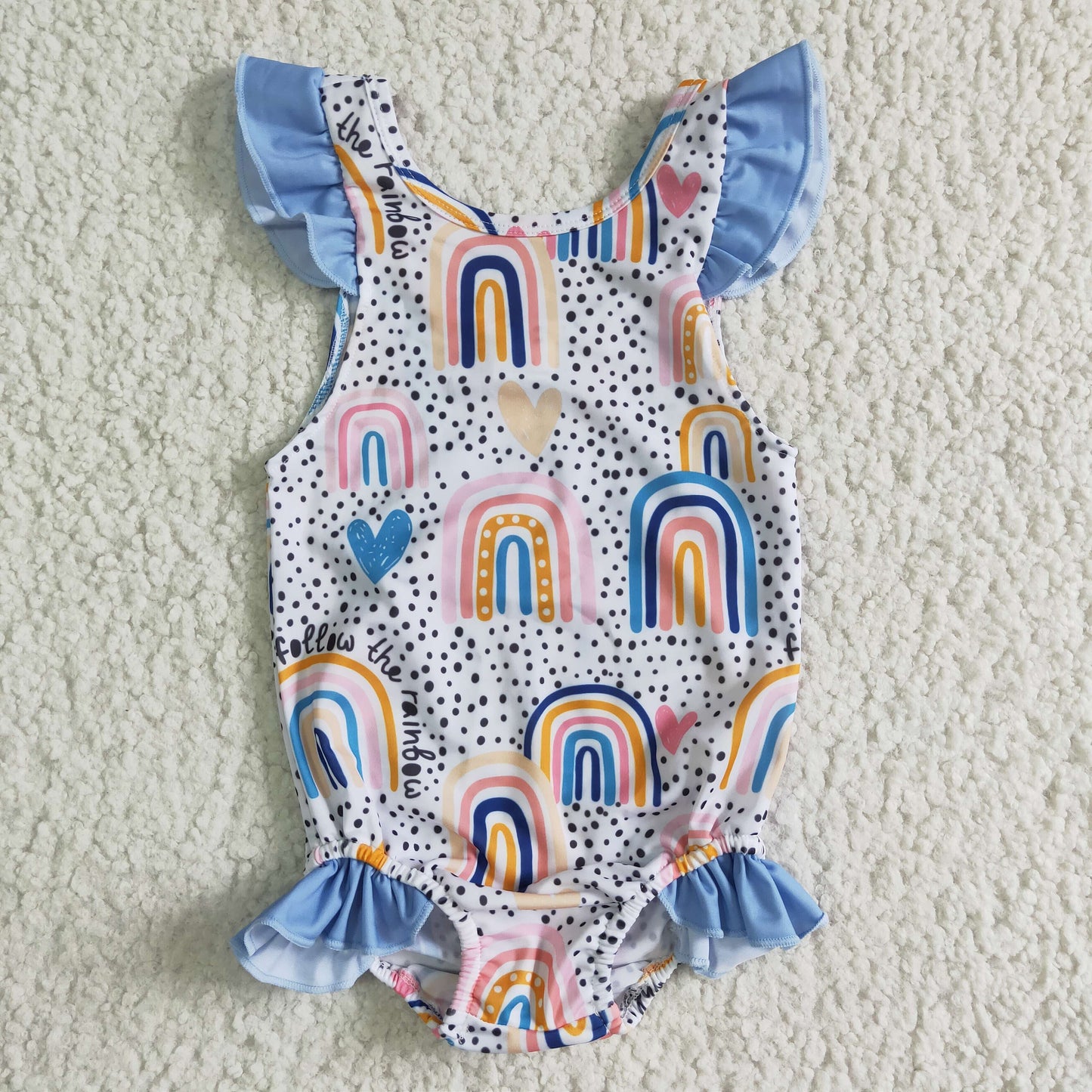 S0002 Blue Rainbow Love Heart Girls Swimsuits Bathing Suits Swimming