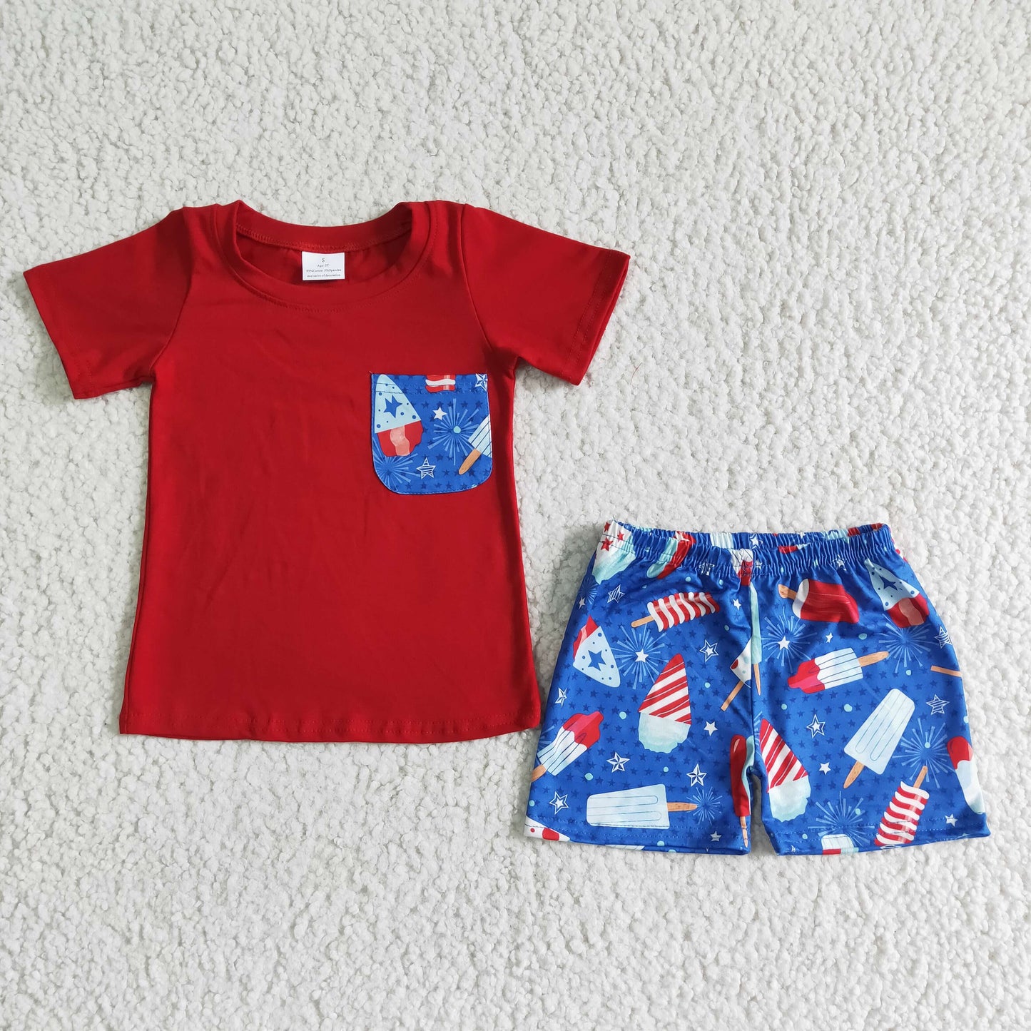 BSSO0025 4th Of July Blue Red Pocket Ice Cream Popsicle Boys Short Sleeve Shorts Outfits