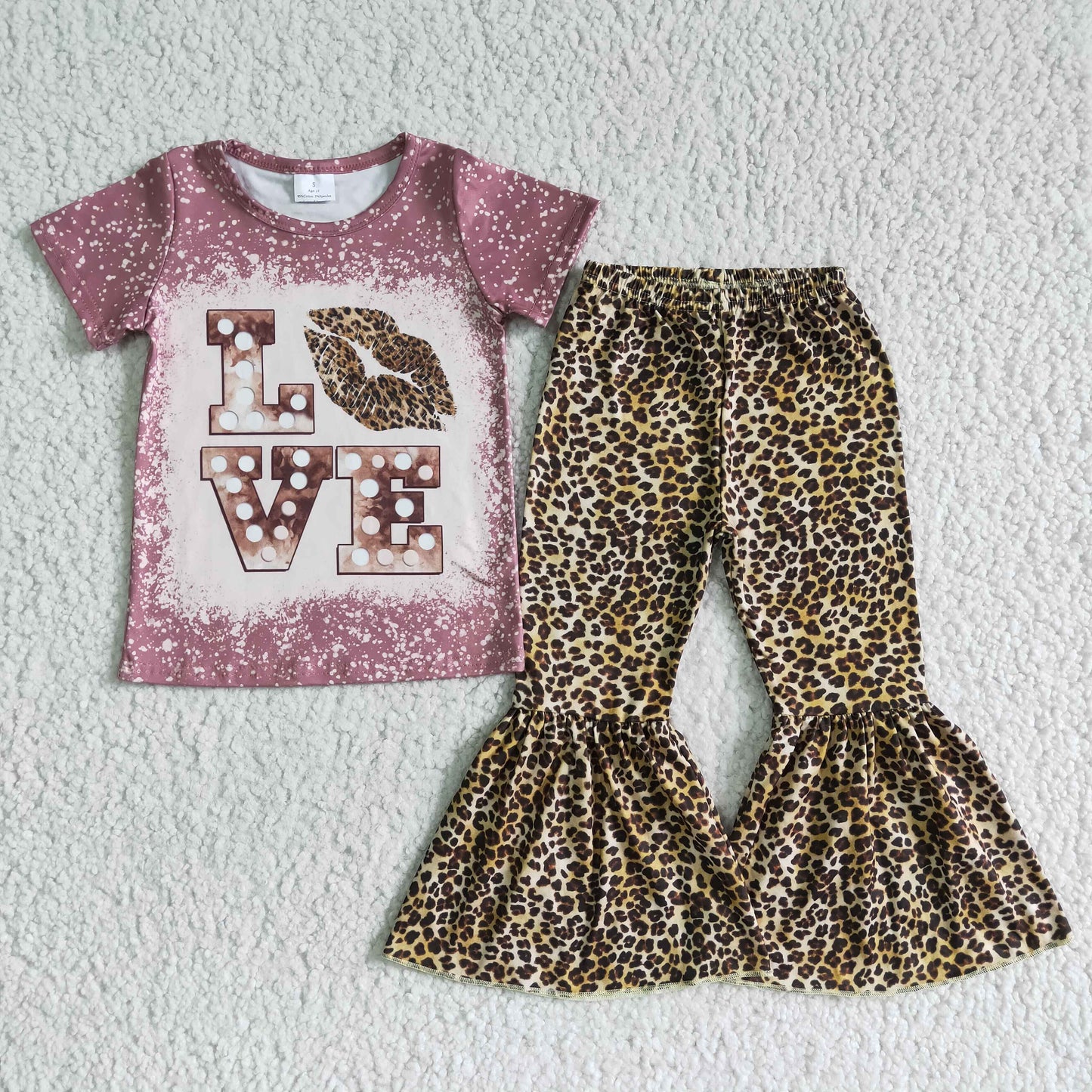 Clearance Aa-4 Valentine Love Mouth Leopard Print Girls Short Sleeve Bell Bottom Pants Outfits