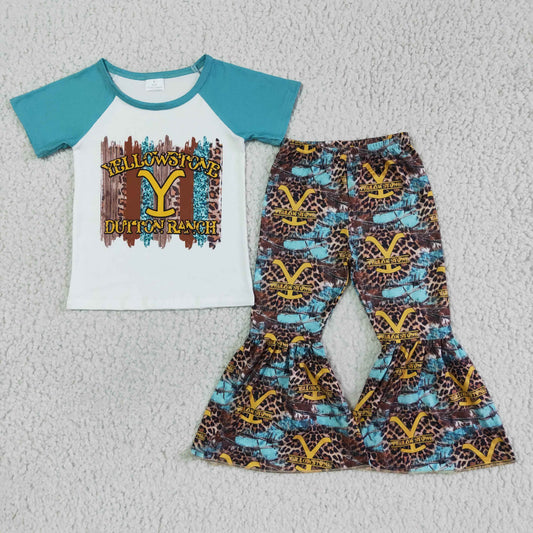 GSPO0064 Blue Yellow Leopard Girls Short Sleeve Pants Outfits