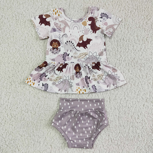 promotion RTS GBO0031 Purple Dinosaur Cartoon Girls Short Sleeve Bummies Outfits