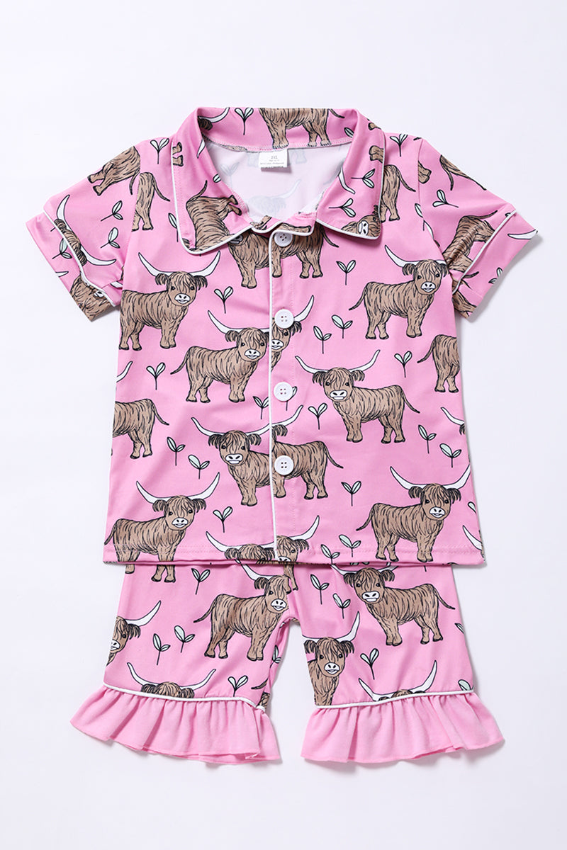 B11-28 Highland Cow Pink Collar Girls Short Sleeve Pajamas