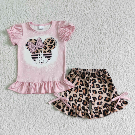 GSSO0062 Pink M Cartoon Leopard Girls Flutter Sleeve Shorts Outfits