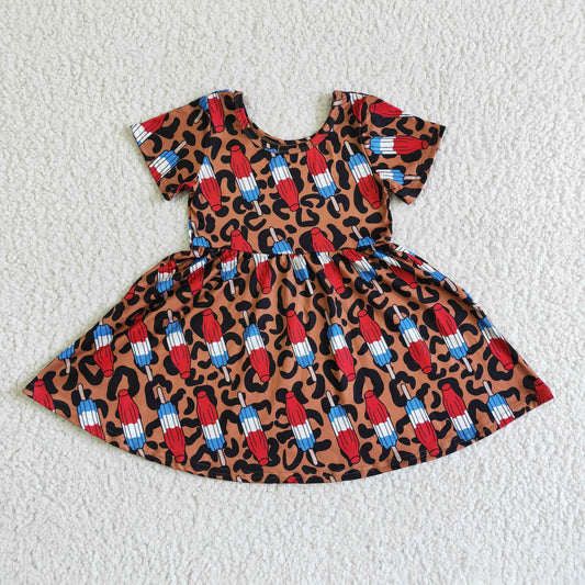 GSD0063 4th Of July Red Blue Ice Leopard Girls Short Sleeve Dresses