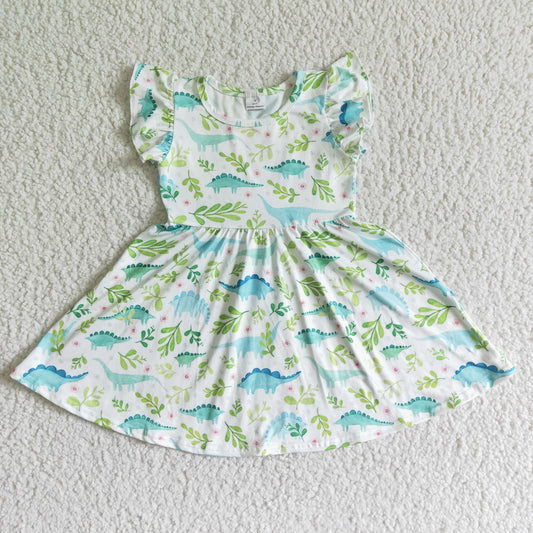 Clearance A0-9 Green Dinosaur Girls Flutter Sleeve Dresses