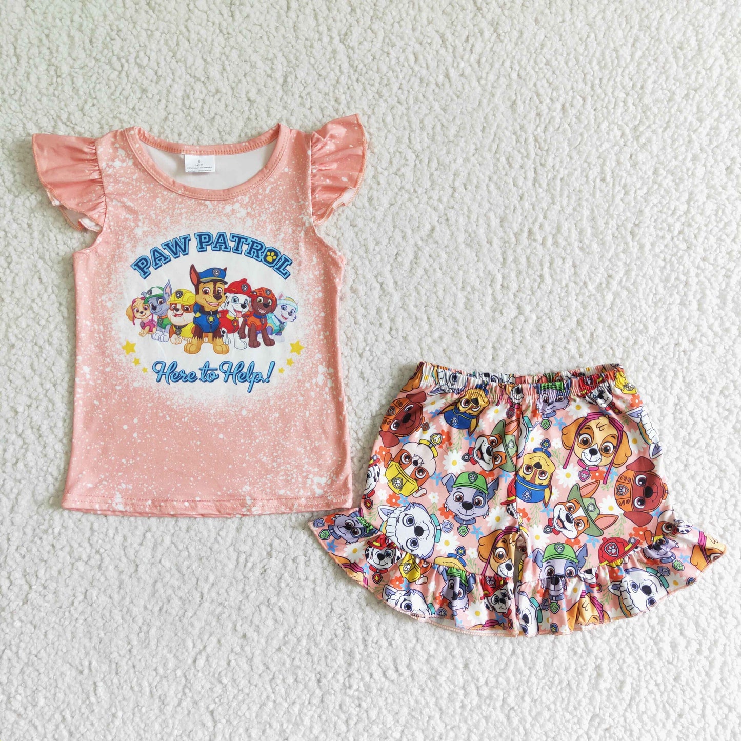 GSSO0085 Pink Cartoon Here To Help Girls Flutter Sleeve Shorts Outfits