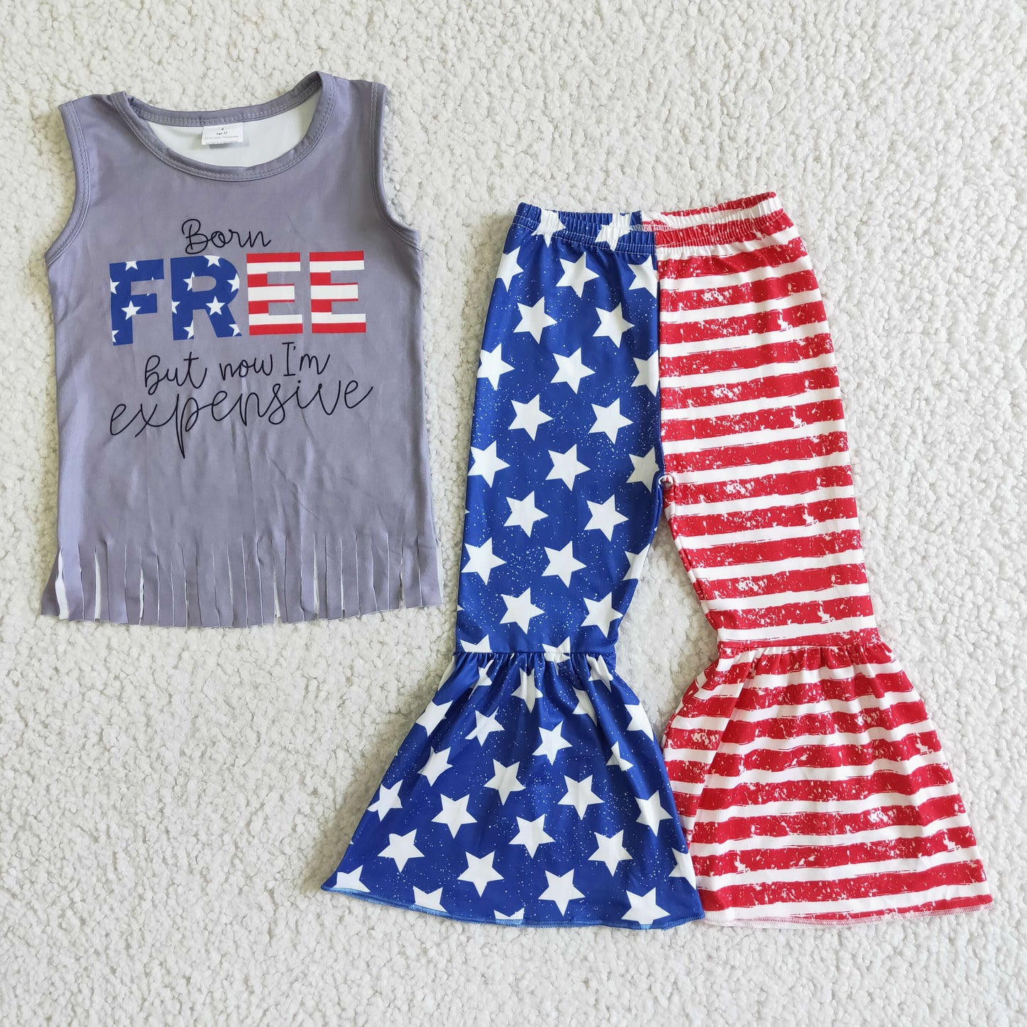 GSPO0050 4th Of July Free Tassel Blue Starts Girls Sleeveless Bell Bottom Pants Outfits