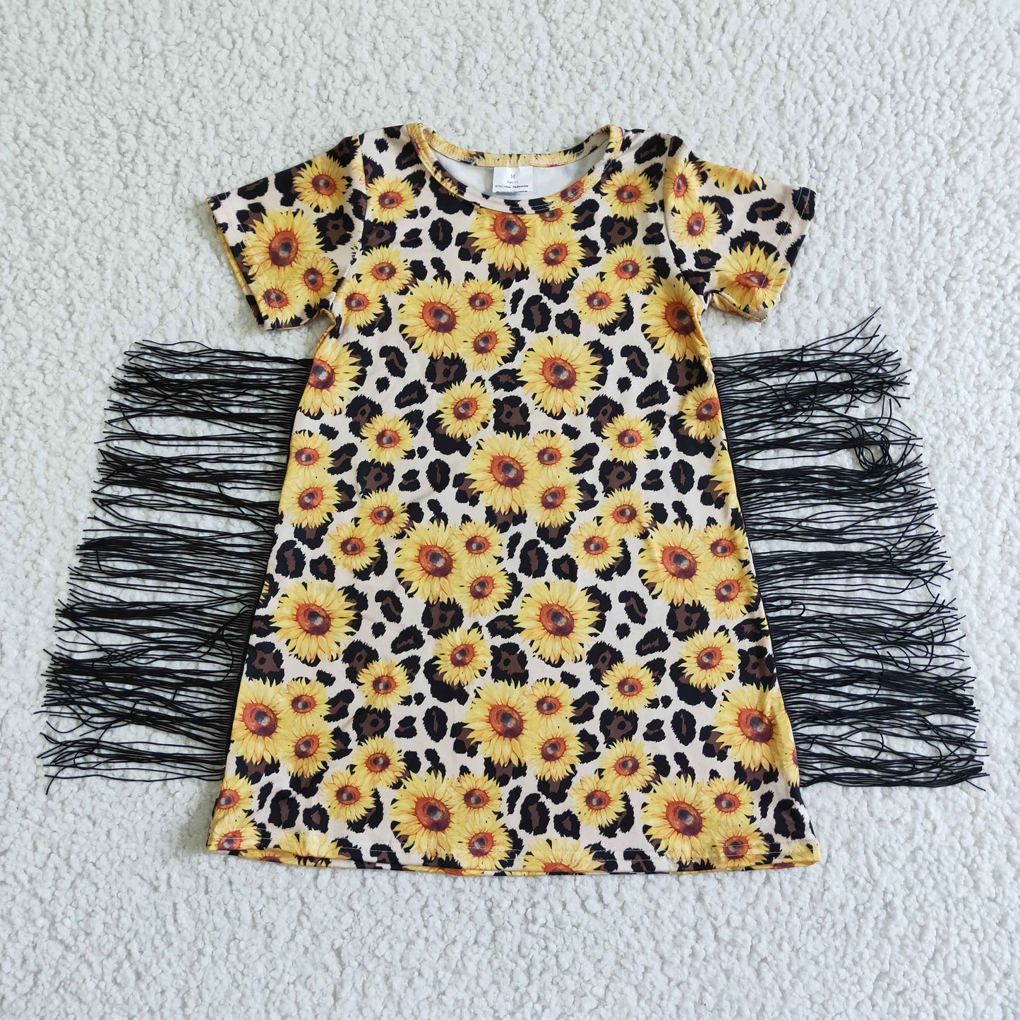 GSD0055 Sunflower Leopard Tassel Girls Short Sleeve Dresses