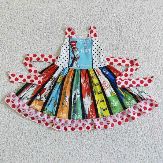 Clearance A12-22 Red Blue Cat Hat Cartoon Girls Belt Patchwork Sleeveless Dresses