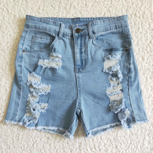 SS0026 Blue Distress Adult Girls Shorts Denim Jeans