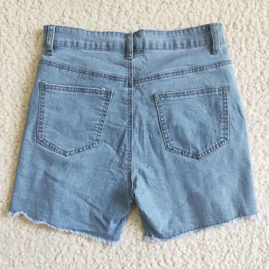 SS0026 Blue Distress Adult Girls Shorts Denim Jeans