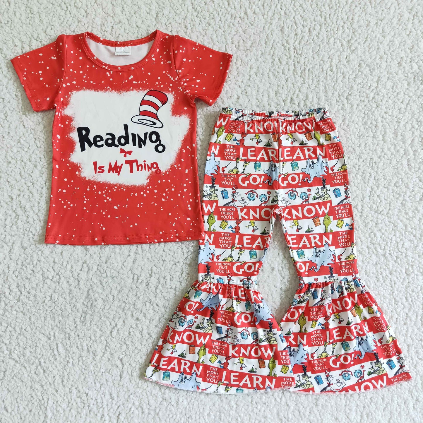 Clearance B15-4 Reading Red Bleach Cartoon Girls Short Sleeve Bell Bottom Pants Outfits