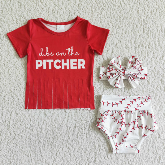 GBO0002 Pitcher Red Tassel Baseball With Bow 3pcs Girls Short Sleeve Bummies Outfits