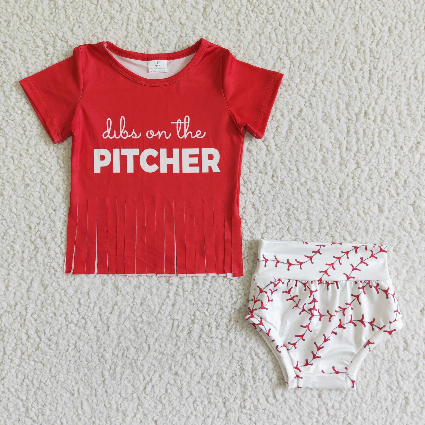 GBO0002 Pitcher Red Tassel Baseball With Bow 3pcs Girls Short Sleeve Bummies Outfits