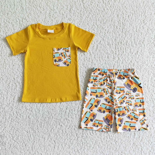 BSSO0041 Yellow School Bus Pocket Boys Short Sleeve Shorts Outfits
