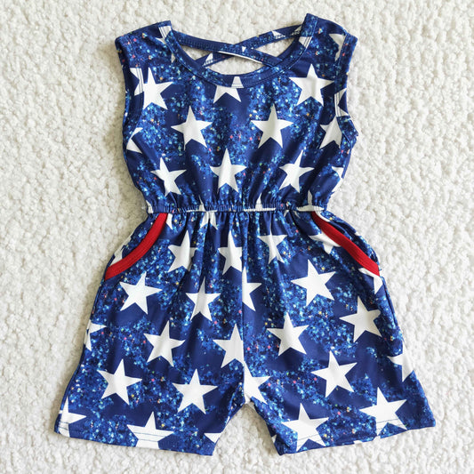 SR0028 4th Of July Blue Starts Pocket Girls Sleeveless Jumpsuit