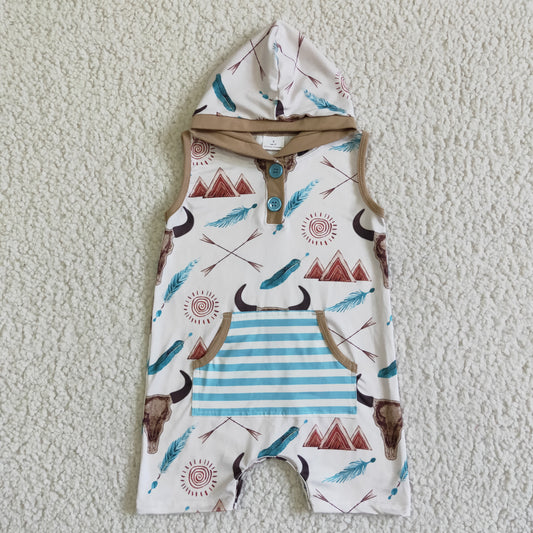 SR0014 Blue Highland Cows Pocket Hoodies Boys Sleeveless Romper