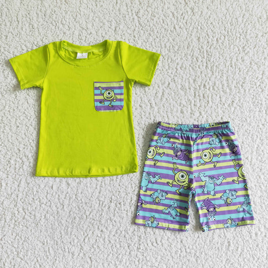 BSSO0031 Green Blue Stripes Monster Cartoon Pocket Boys Short Sleeve Shorts Outfits