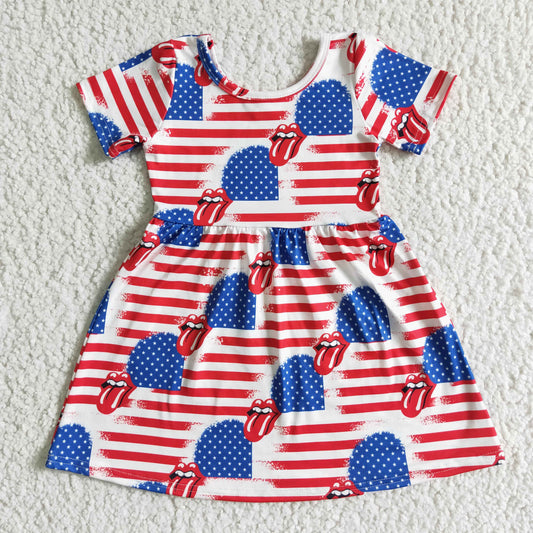 GSD0082 4th Of July Red Stripes Blue Starts Music Band Girls Short Sleeve Dresses