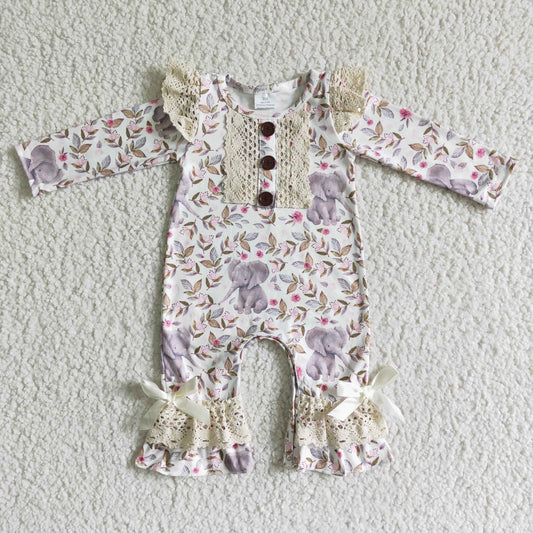 Clearance 6 A1-26 Pink Floral Elephant Lace Girls Long Sleeve Romper