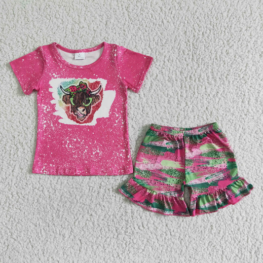 GSSO0074 Pink Highland Cows Girls Short Sleeve Shorts Outfits