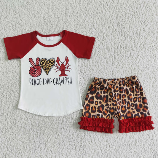 C14-15 Peace Love Crawfish Red Leopard Girls Short Sleeve Shorts Outfits