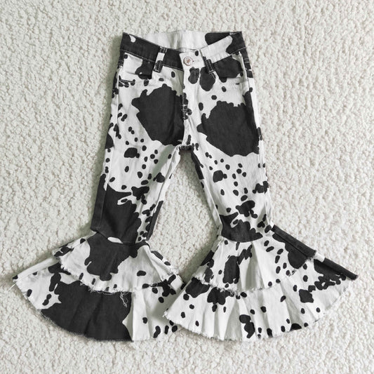 P0001 Black White Cow Print Double Ruffles Denim Jeans