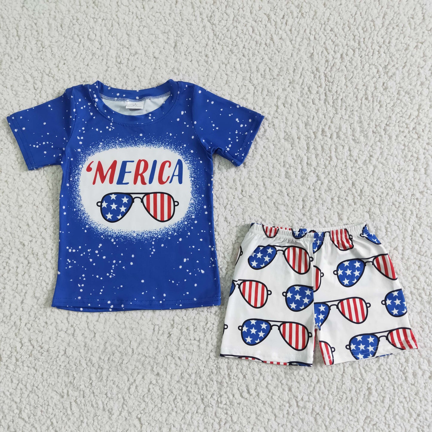 D9-28  4th Of July Blue Bleach Flag Glasses Boys Short Sleeve Shorts Outfits