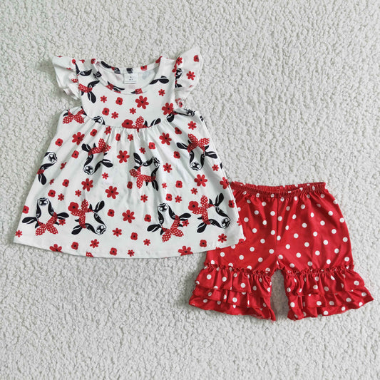 C8-21 Red Dots Heifer Cow Print Girls Short Sleeve Shorts Outfits