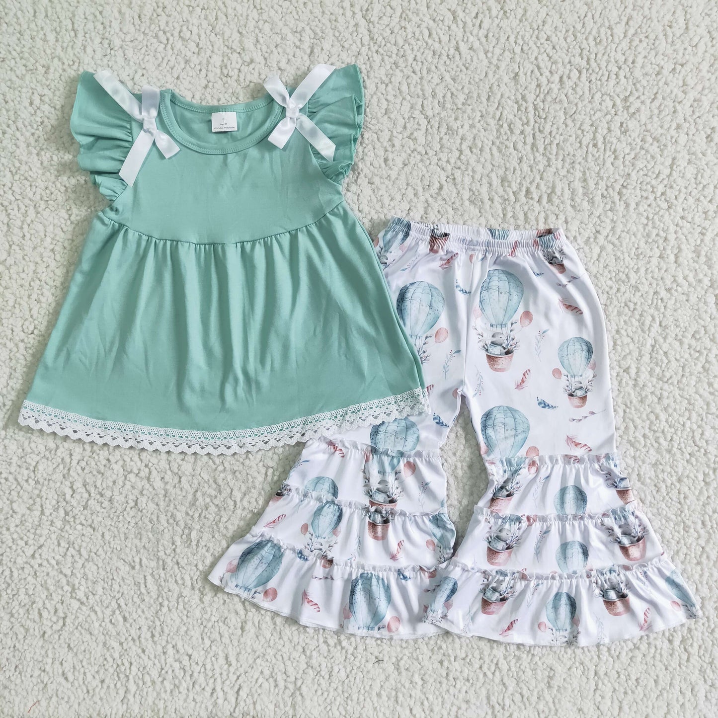 Clearance D6-11 Easter Green Lace Hot Air Balloon Ruffles Girls Short Sleeve Pants Outfits