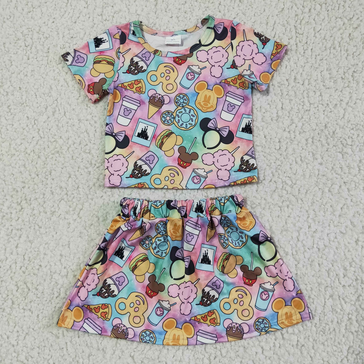 GSD0073 Pink Purple Cartoon Girls Short Sleeve With Skirt Dress Outfits