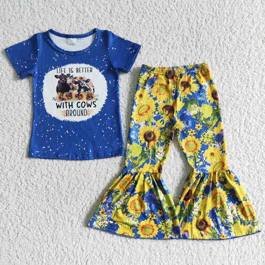 GSPO0071 Life Is Better With Highland Cows Around Blue Sunflower Girls Short Sleeve Pants Outfits