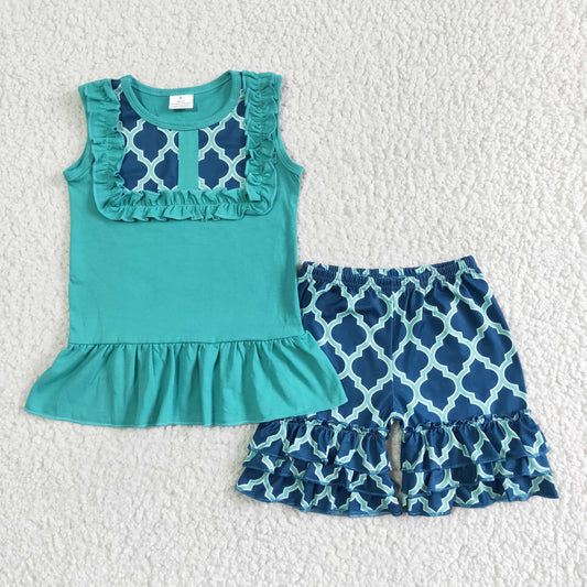 Clearance A8-24 Green Blue Scale Ruffles Girls Sleeveless Shorts Outfits